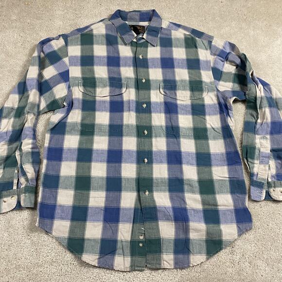 Eddie Bauer Other - VTG Eddie Bauer Shirt Mens L Blue Green Plaid Linen Button Down 90s Summer